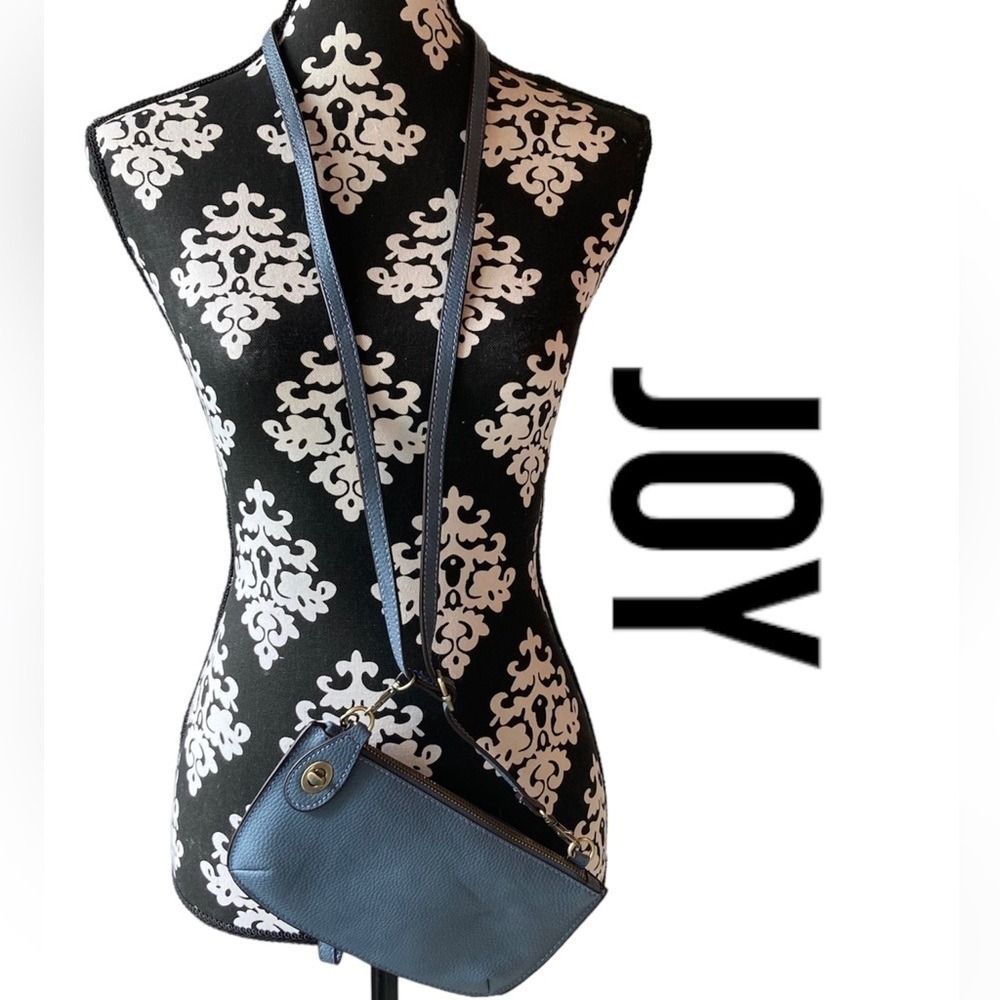 JOY Blue Pebbled Faux Leather Crossbody‎ Wristlet Wallet Bag Brass Hardware